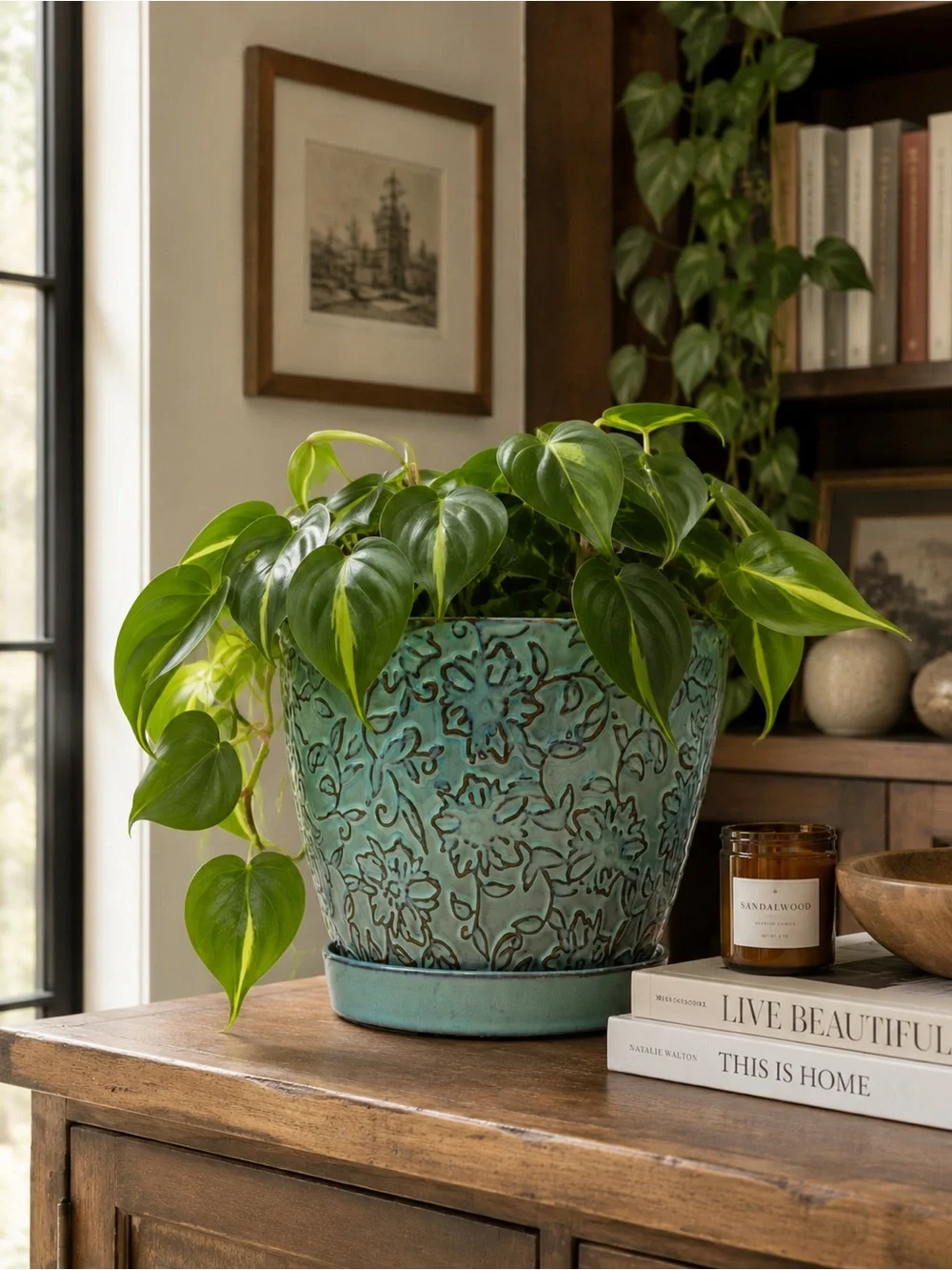 Embossed Floral Ceramic Planter with Saucer & Drainage | 6 Inch Light Blue